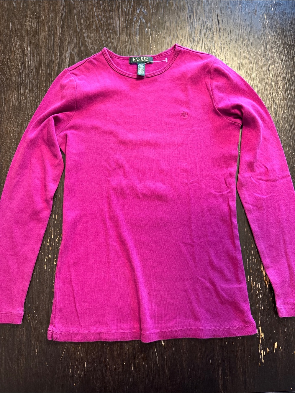 Ralph Lauren Girls' Bright Pink Long Sleeve Crewneck Tee 100% Cotton